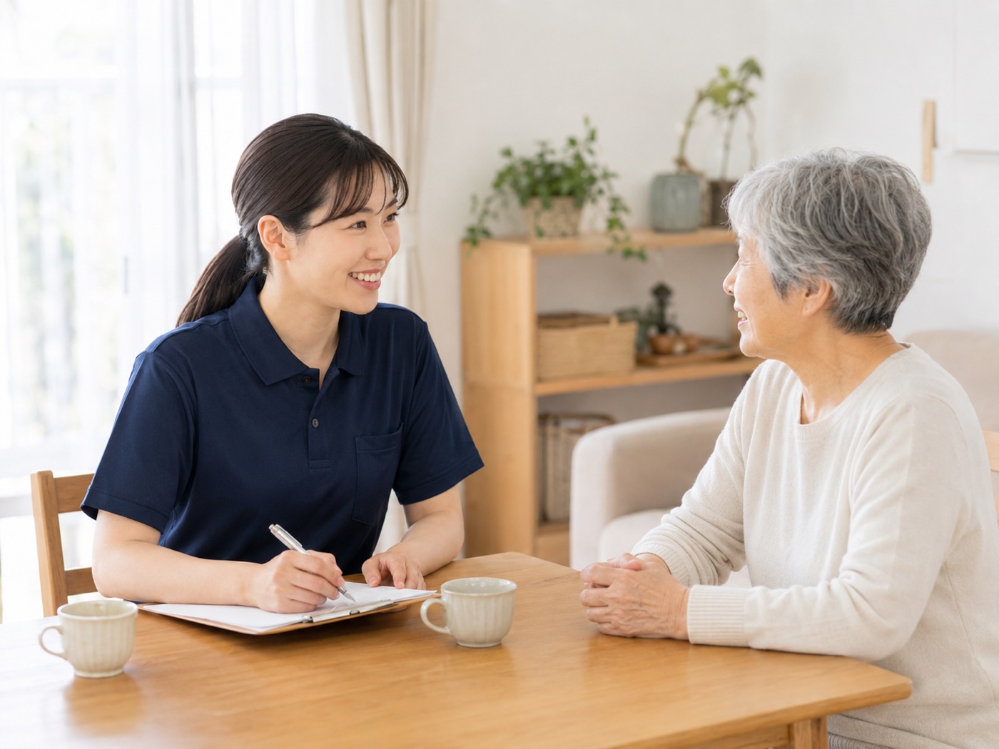 訪問介護スタッフが高齢の利用者と相談している様子