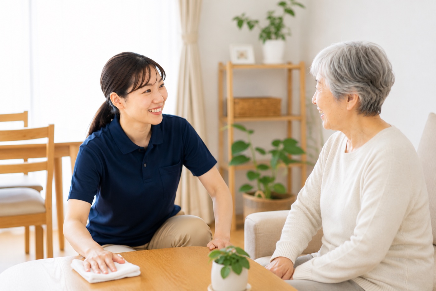 訪問介護スタッフが高齢の利用者と穏やかに話している様子