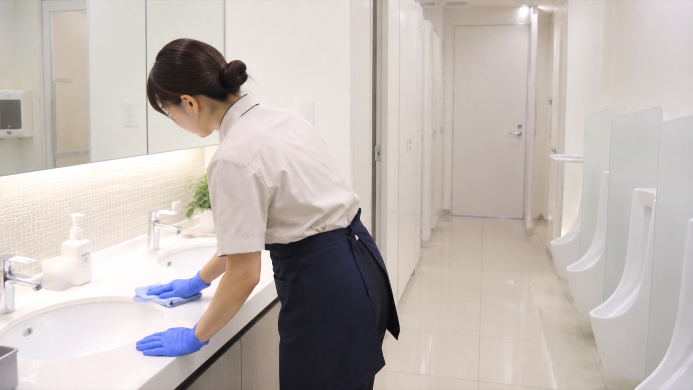 商業施設のトイレでスタッフが洗面まわりを清掃している様子