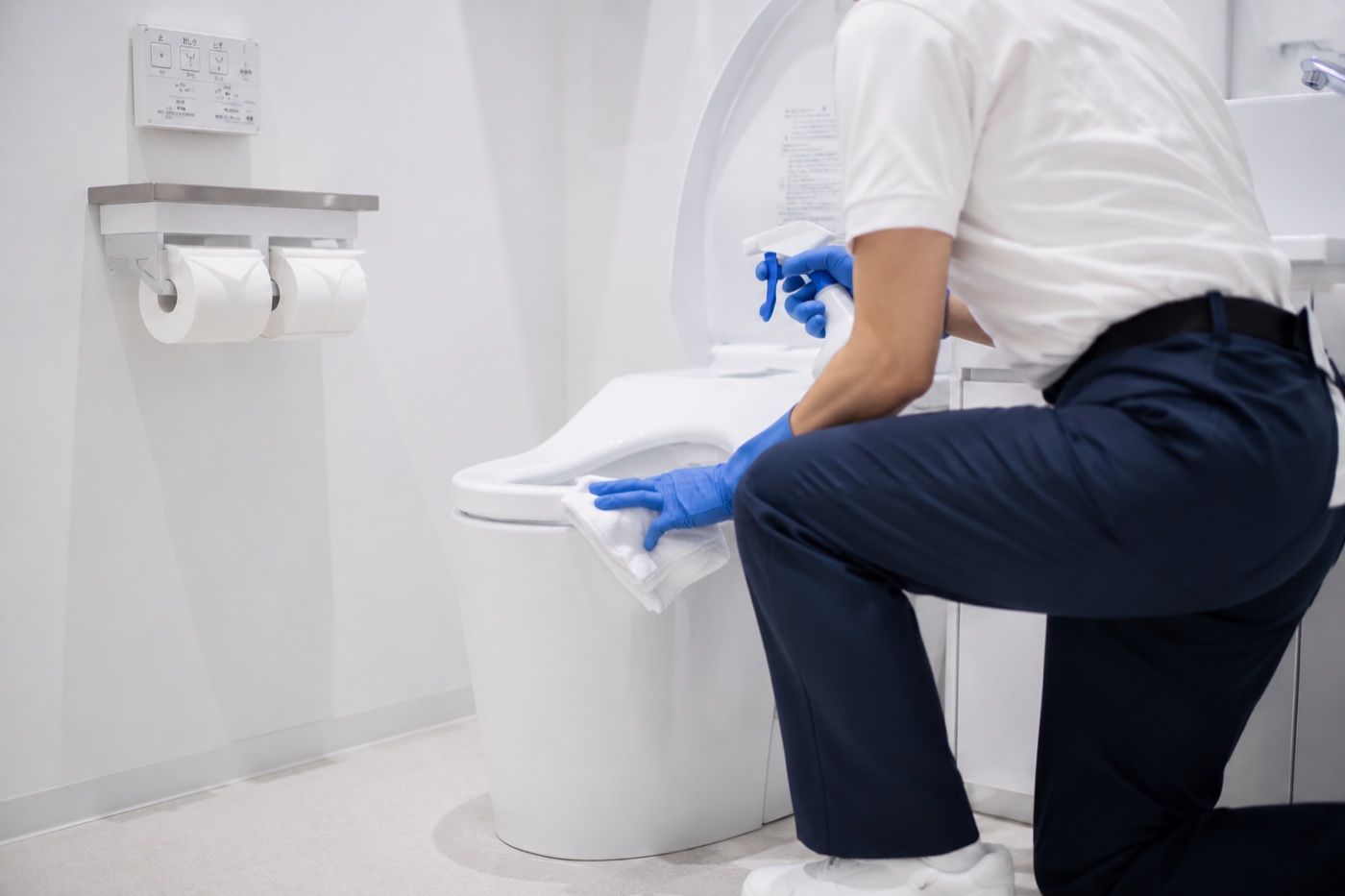 トイレクリーニングスタッフが便器まわりを清掃している様子